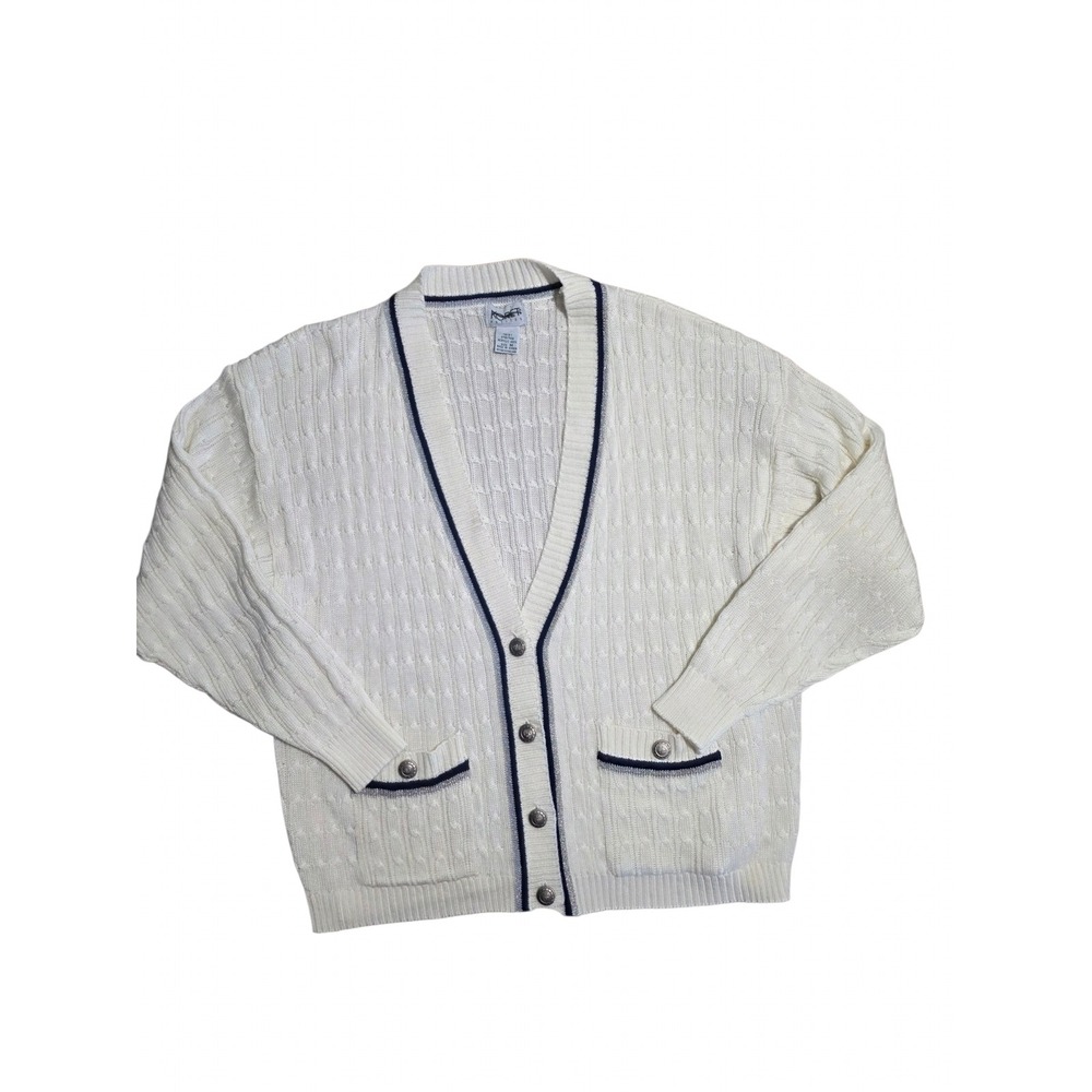 Koret Petites Vintage Cable Knit Cardigan Ivory Navy Silver Trim Crest Button M